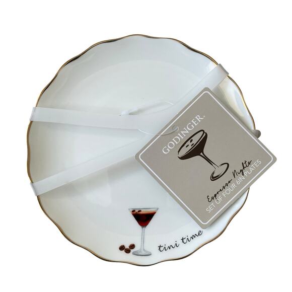 Godinger Martini Cocktail Appetizer Plates 6in Ceramic Set of 4 White NEW - Picture 3 of 8
